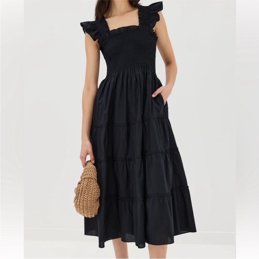 Hill House Ellie Nap Dress Smocked Ruffle Midi 100% Cotton Black Sz Small - Picture 4 of 11